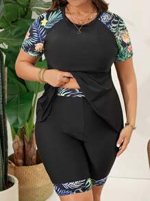 Swim Lushoire Summer Beach Plus Size Random Printed Tankini Swimwear Set - Black - View 1