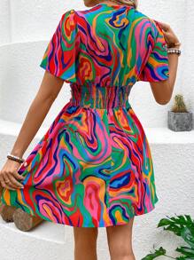 Breezaya 花卉印花 V 领收腰连衣裙 女式度假海滩装 - 彩色 - 查看 3