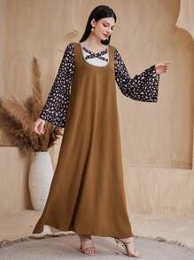 Al Najma Loose Fit Patchwork Printed Color Blocking Flared Sleeve Dress - Brown - View 3