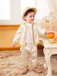 SHEIN Baby Boys' Satin Panel & Woven Tape Decor Long Sleeve Top And Pants Set