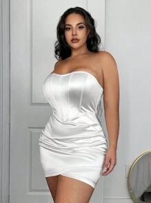 SHEIN SXY Kích thước lớn Màu thuần Bọc Phong cách Giảm béo Quây Đầm - trắng - Xem 5