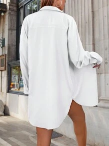 Women's Solid Color Oversized Drop Shoulder Shirt,Long Sleeve Tops - White - View 2