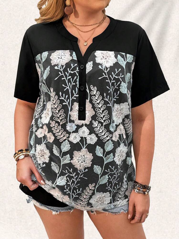 Plus Size Women's Floral Embroidered Notched Collar Blouse With Notched Collar