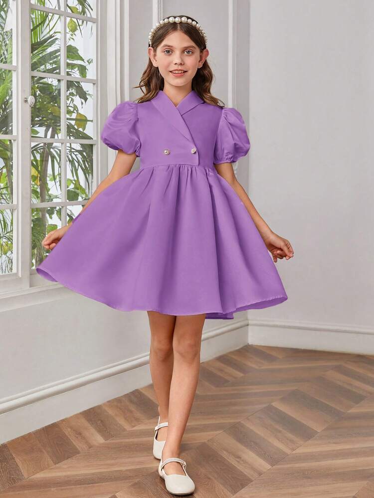 Tween Girls' Woven Plain Puff Sleeve Formal Dress