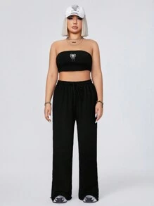 SHEIN EZwear CURVE Plus Size Spider Embroidered Strapless Top And Wide Leg Pants Two Pieces Set - Black - View 4