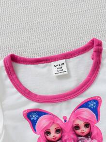 Baby Girl 2pcs/Set Spring Summer Pink Butterfly Print Short Sleeve T-Shirt And Cargo Pants Y2k Streetwear Cute Daily Casual Outfits - Multicolor - View 6