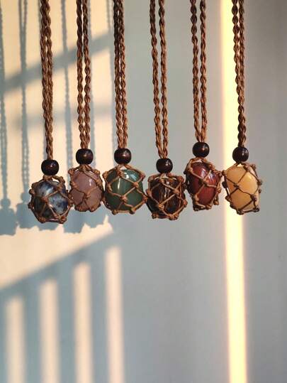 Fairycore Vintage Bohemian Style One Random Natural Stone Pendant Necklace