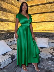 Slaydiva Women's Elegant Dark Green Summer Dress,Deep V-Neck Cap Sleeve Sparkling Satin Tight Ball Semi Formal Dress For Dining,Valentine's Day,Tea Party - Green - View 4