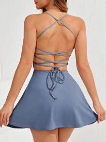 Easithlete 女款性感無背十字帶連褲裙,設有袋子和內置短褲,適合跑步、網球、高爾夫、羽毛球服裝 - 藍色 - 查看 4