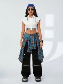 SHEIN EZwear Women's Very Short Sleeve Lettter Print Elasticated Hem Crop Top