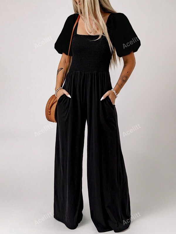 Acelitt Damen schlichte, minimalistische Jumpsuit mit Rundhalsausschnitt und Kurzarm, locker geschnitten, für den täglichen Lässig-Tragen