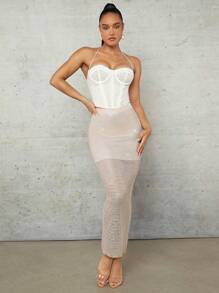 SHEIN BAE Apricot Rose Gold Bronzing Glitter Summer Vacation Crochet Cover Up Hollow Stitching Long Women's Skirt