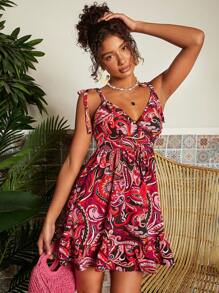 Travachic Holiday Paisley Print Spaghetti Strap Dress - Red - View 5