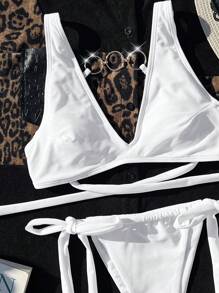SHEIN Swim 纯色两件套比基尼套装夏季海滩 - 白色 - 查看 6