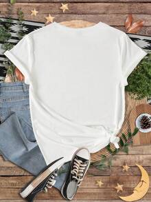 1pc Women's Fashionable Moon & Floral Printed Short Sleeve T-Shirt - White - View 2