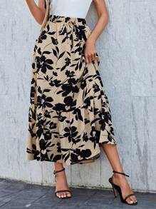 SHEIN LUNE 花卉印花彈性腰圍裙子,配有荷葉邊緣 - 彩色 - 查看 1