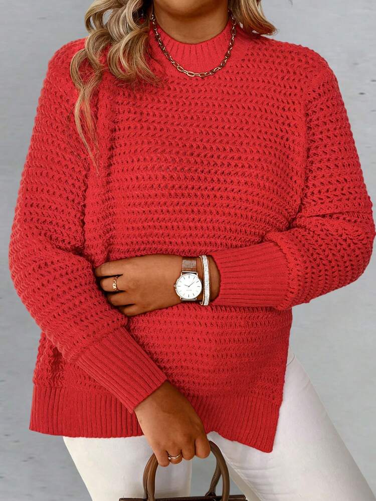 Plus Solid Split Hem Sweater Knit Pullover Fall Winter Sweater