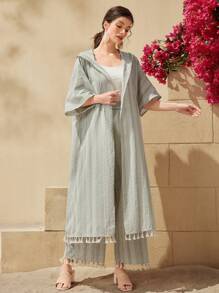 Al Najma Hooded Fringed Hem Open Front Coat And Straight Pants Two Pieces Set 2 Pieces Set - Green - View 4