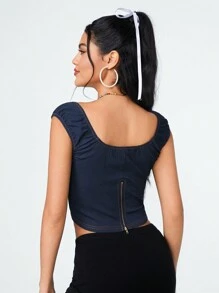 SHEIN Qutie Women's Casual Denim Short T-Shirt With Slim Fit - Navy Blue - View 2