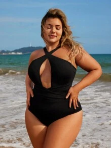 Swim Chiccia Kích thước lớn Màu thuần Xu hướng: Cắt giảm Dây Áo tắm một mảnh , Bộ đồ tắm bờ biển Bầu không khí - màu đen - Xem 6