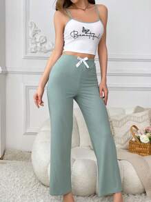 Butterfly & Letter Printed Cami Top And Pants Pajama Set - Mint Green - View 4