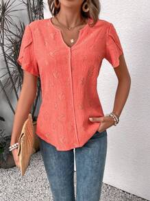 SHEIN LUNE Hollow Out Embroidery Buttoned Back Detail Tie Neckline Shirt - Orange - View 3