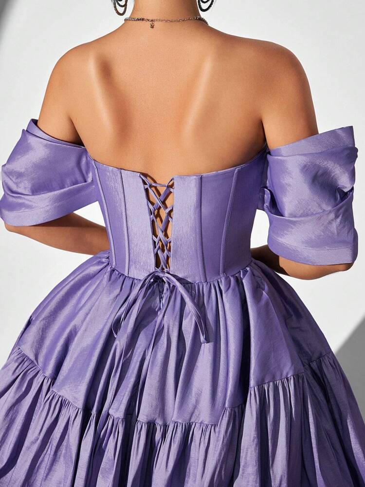 Women's Solid Color Off Shoulder  Breast Top Butterfly Sleeve Slim-Fit Waist Waist Three-Dimensional Fishbone Back Hollow-Out Strap Super Large A Pompadour Easter Party Cocktail Dress
