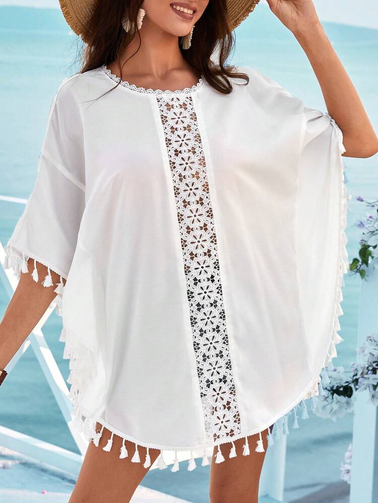 Women's Spring & Summer Outfits Beach Vacation Lace Splice Tassel Hem Blouse Embroidered Top