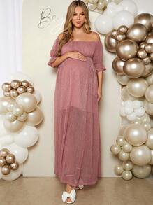 SHEIN Maternity Women's Elegant Romantic Off Shoulder Sheer Dress For Gender Reveal Party - Pink - View 3