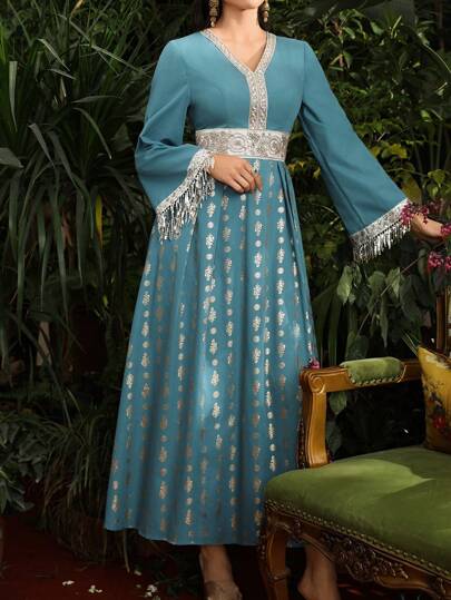 Divindia Damen Kleid mit Quasten-Ärmel und langem Ärmel