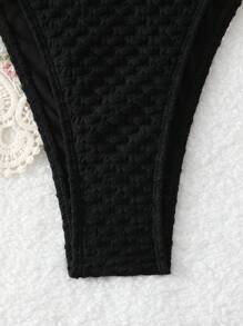 SHEIN Swim 夏季海灘純色紋理無肩帶結綁比基尼套裝 - 黑色 - 查看 4