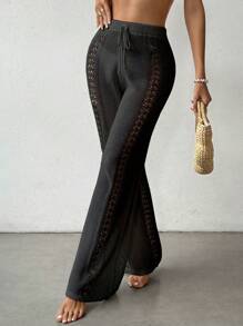 SHEIN Swim 女士着空心蕾絲收緊腰格紋褲子 - 黑色 - 查看 1