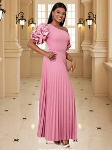 Vai xiên Thon gọn Ngắn tay Xếp li Đầm - Hồng - Xem 3