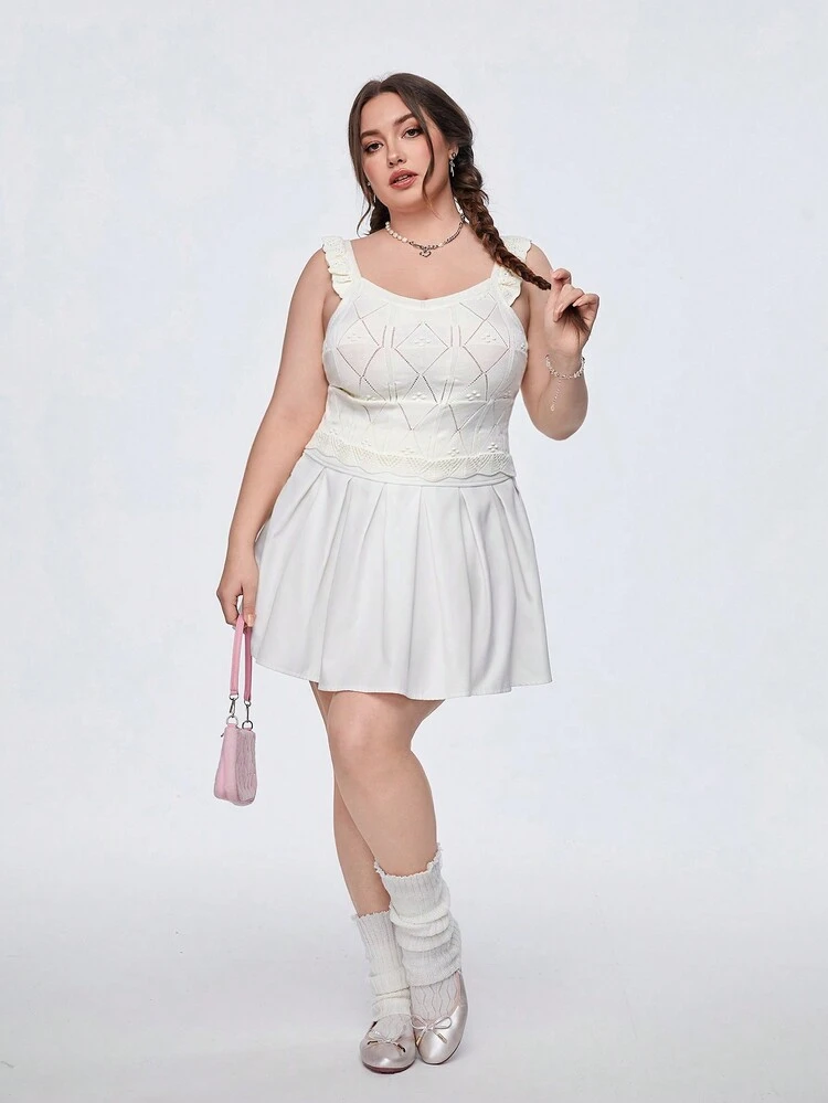 Plus Size Knit Sweater With Hollow Lace Design And Ruffle Hem