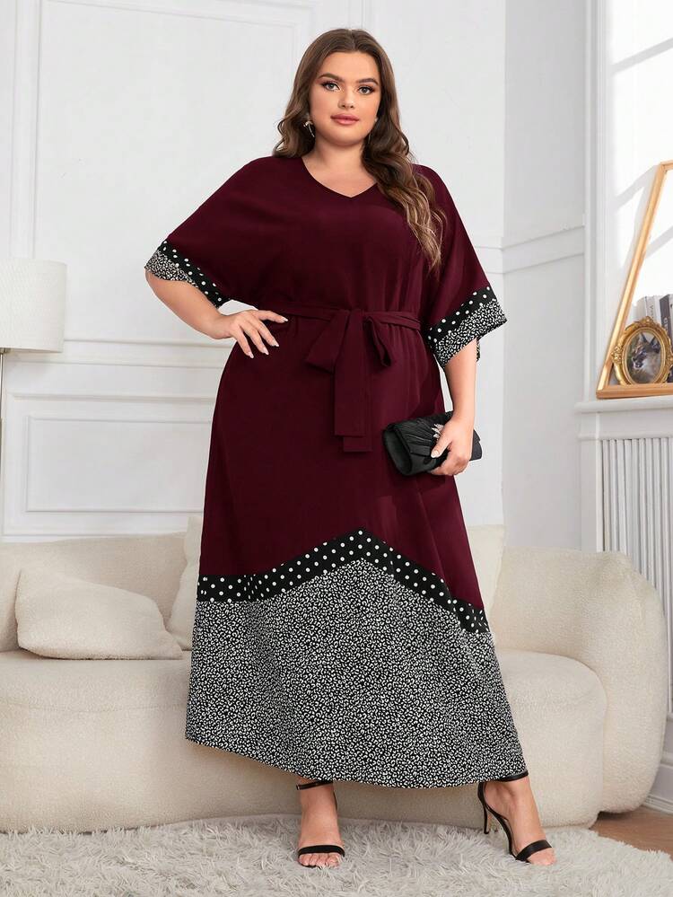 Burgundy Red Plus Size Women's Polka Dot Batwing Sleeve Patchwork Dress