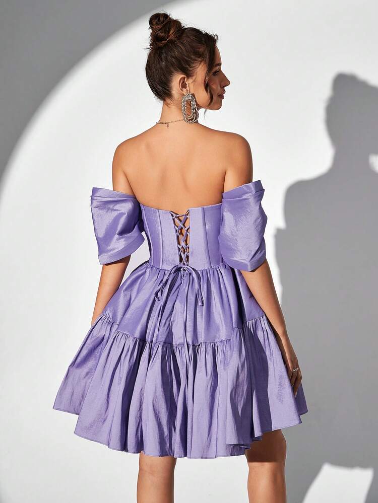 Women's Solid Color Off Shoulder  Breast Top Butterfly Sleeve Slim-Fit Waist Waist Three-Dimensional Fishbone Back Hollow-Out Strap Super Large A Pompadour Easter Party Cocktail Dress