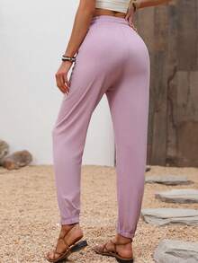 Breezaya Của phụ nữ Màu thuần Eo dây rút Đã bỏ túi Trở viền Quần - Hồng - Xem 2