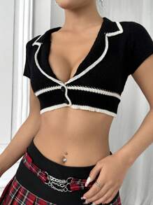 SHEIN Unity Top Corto De Punto Con Bloque De Color Y Ribete Para Mujeres