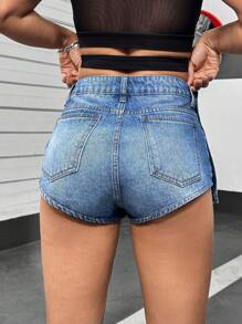 SHEIN EZwear Women's Asymmetric Wrap-Over Denim Shorts - Blue - View 2