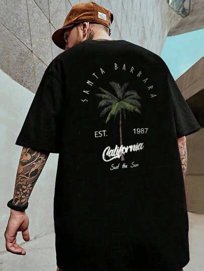 加大码男士时尚宽松椰树字母印花短袖T恤，适合夏季穿着