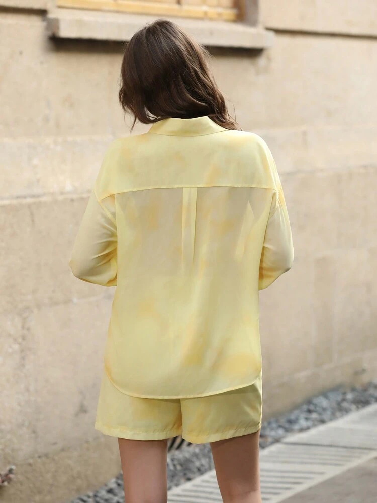 Solid Long Sleeve Shirt And Shorts Set, Spring & Summer