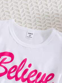 SHEIN Bộ áo thun tay ngắn in chữ và chân váy lưới hai mảnh cho bé gái - Nhiều màu - Xem 4