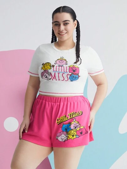 Mr Men Little Miss X SHEIN Plus Cartoon Graphic Tee & Shorts Set