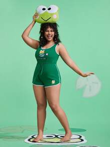 HELLO KITTY AND FRIENDS | SHEIN Plus Cartoon & Letter Print Contrast Binding Knot Waist Sleepwear Romper - Green - View 3