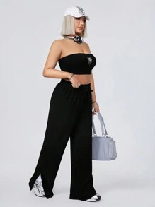 SHEIN EZwear CURVE Plus Size Spider Embroidered Strapless Top And Wide Leg Pants Two Pieces Set - Black - View 5