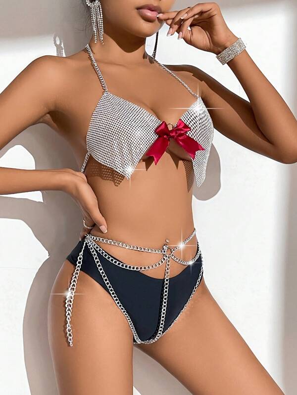 Bowknot Decorated Chain Sexy Lingerie Set