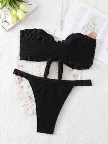 SHEIN Swim 夏季海灘純色紋理無肩帶結綁比基尼套裝 - 黑色 - 查看 2