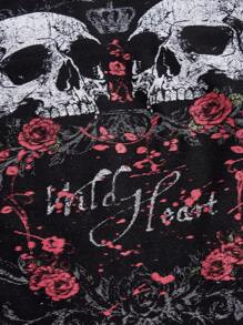 ROMWE Grunge Punk Quý cô Thon gọn Áo Bandeau  Với Tối Cô gái Goth hiện đại Sọ In Hoa hồng Và Trang trí kim loại - màu đen - Xem 4