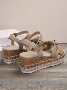 Của phụ nữ Nêm Gót chân Xu hướng: Cắt giảm Dép xăng đan Với Bện Jute Dây đeo - Màu be - Xem 2