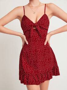 Soleia Knotted Polka Dot Ruffle Hem Cami Dress - Burgundy - View 3